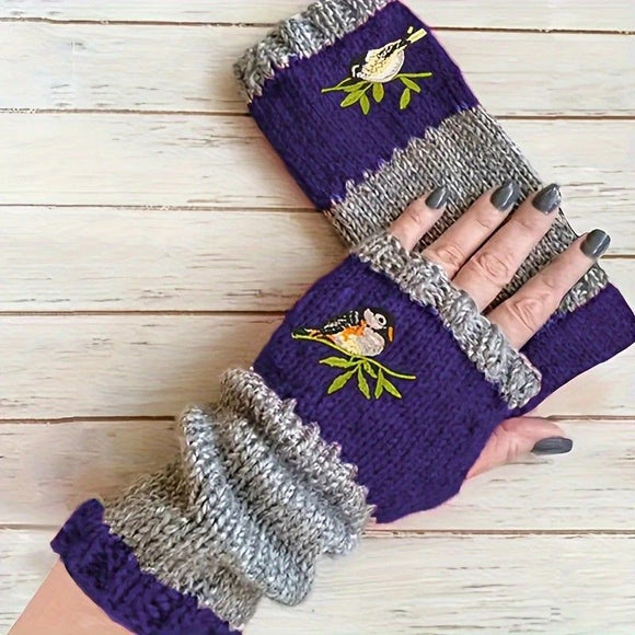 Color - Block Bird Embroidered Fingerless Knit Gloves – Warm, Flexible, Perfect for Daily Autumn/Winter Use, 8.5×22cm Stylish Practical Commute Hand - Warming Essential(dark red) - RnR Galore