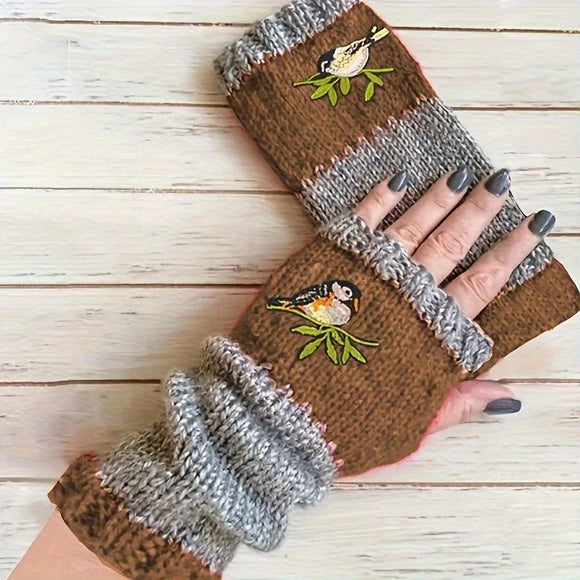 Color - Block Bird Embroidered Fingerless Knit Gloves – Warm, Flexible, Perfect for Daily Autumn/Winter Use, 8.5×22cm Stylish Practical Commute Hand - Warming Essential(purple) - RnR Galore