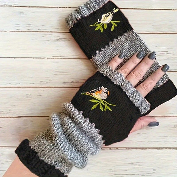 Color - Block Bird Embroidered Fingerless Knit Gloves – Warm, Flexible, Perfect for Daily Autumn/Winter Use, 8.5×22cm Stylish Practical Commute Hand - Warming Essential(red) - RnR Galore
