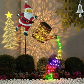 Colorful lights Solar Powered Christmas Garden Stake - Metal Santa with Watering Can & Multi - Colour LED Waterfall - 82cm Outdoor Yard Decoration - RnR Galore