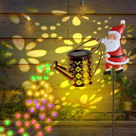 Colorful lights Solar Powered Santa Claus Garden Stake Light with Metal Watering Can - Colourful LED Waterfall Effect - Outdoor Christmas Decoration for Yards and Pathways - 82cm Height - RnR Galore