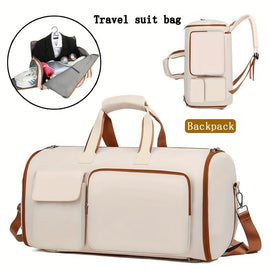 Convertible Travel Garment Bag Large Duffel Suit Carrier with Shoe Compartment & Hidden Backpack Straps Waterproof Beige White - RnR Galore