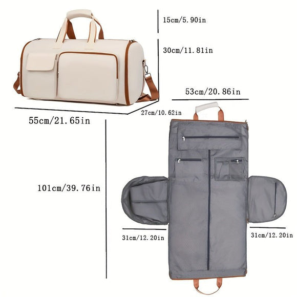 Convertible Travel Garment Bag Large Duffel Suit Carrier with Shoe Compartment & Hidden Backpack Straps Waterproof Beige White - RnR Galore
