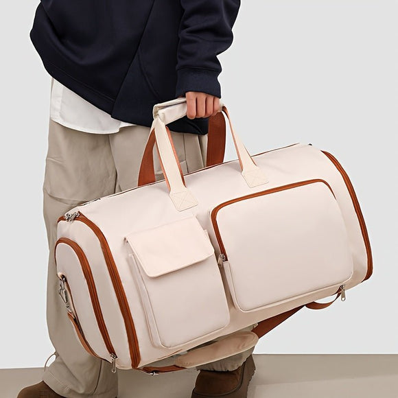 Convertible Travel Garment Bag Large Duffel Suit Carrier with Shoe Compartment & Hidden Backpack Straps Waterproof Beige White - RnR Galore