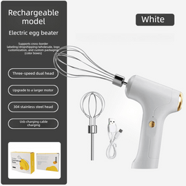 Cordless Electric Hand Mixer - Rechargeable 3 - Speed Egg Beater & Cream Whisk - Lightweight Self - Standing Design for Baking, Cake & Batter (White) - RnR Galore