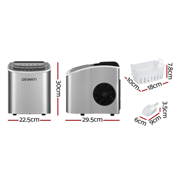 Devanti 12kg Ice Maker Machine w/Self Cleaning Silver - RnR Galore