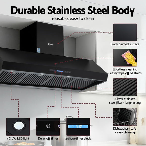 Devanti 1500mm Commercial BBQ Range Hood Dual Motor W/ Remote Control Black - RnR Galore