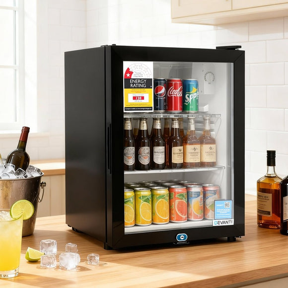 Devanti 56L Bar Fridge Glass Door Mini Fridge Countertop Cooler Black - RnR Galore