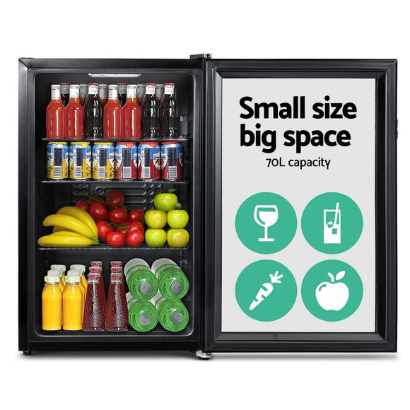Devanti 70L Bar Fridge Glass Door w/Light Black - RnR Galore