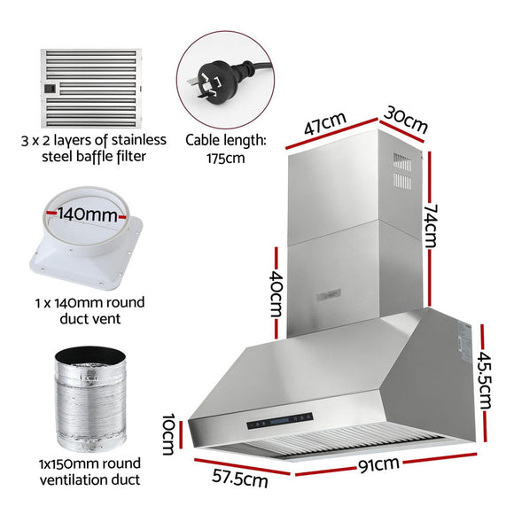 Devanti 900mm Range Hood 3 - Speed Fan LED Display Remote Control - RnR Galore