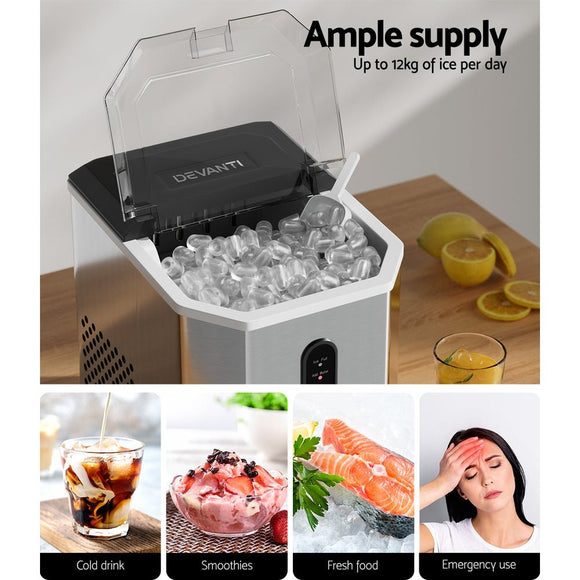 Devanti Portable Ice Maker Machine Ice Cube 12kg Bar Countertop Stainless Steel - RnR Galore