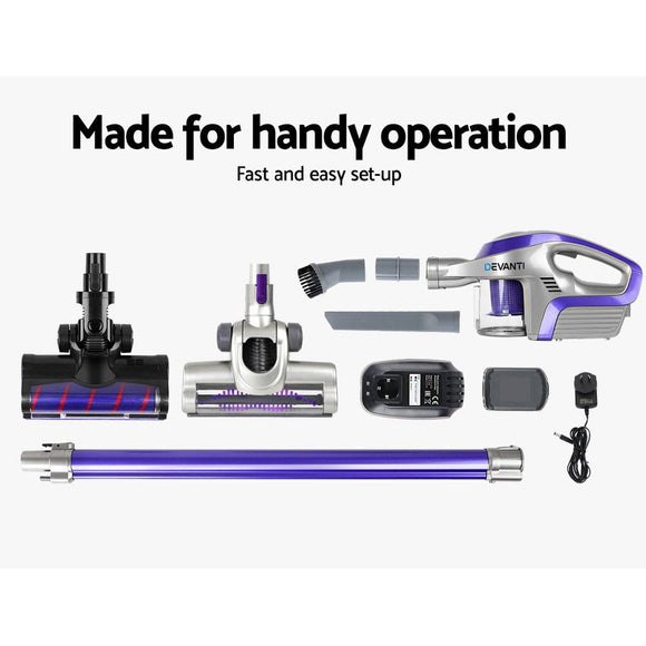 Devanti Stick Vacuum Cleaner Roller Brush Cordless 150W Purple - RnR Galore