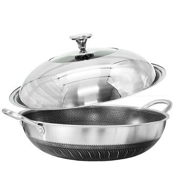 Double Ear 304 Stainless Steel 40cm Non - Stick Stir Fry Cooking Kitchen Wok Pan with Lid Honeycomb Double Sided - RnR Galore