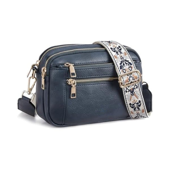 Double Zipper Blue Chic Quilted Crossbody Bag - Vintage PU Leather Shoulder Purse with Adjustable Strap - RnR Galore