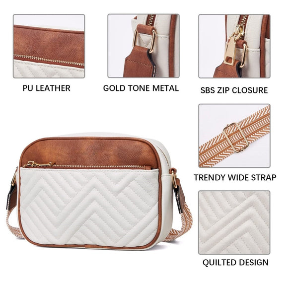 Double Zipper Brown Chic Quilted Crossbody Bag - Vintage PU Leather Shoulder Purse with Adjustable Strap - RnR Galore