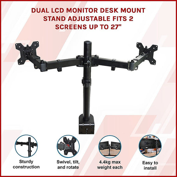 Dual LCD Monitor Desk Mount Stand Adjustable Fits 2 Screens Up To 27" - RnR Galore