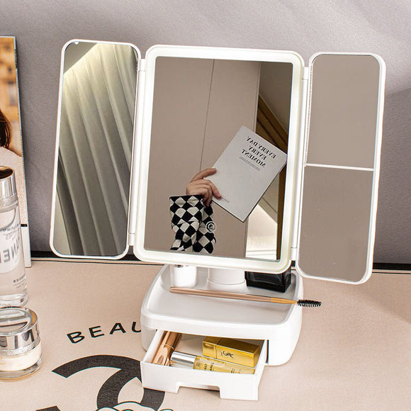 Elegant Tri - Fold Shell LED Vanity Mirror - Smart Makeup Gift with Storage & Illumination - RnR Galore