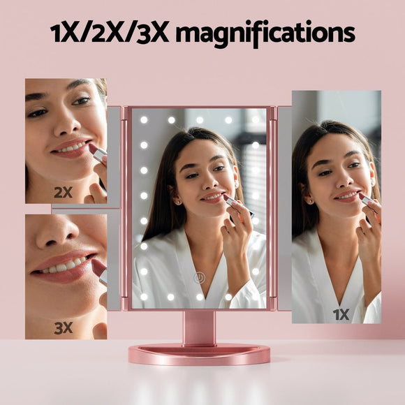 Embellir Tri - fold Makeup Mirror 1X2X3X Magnifying with LED Light Travel Portable Pink - RnR Galore
