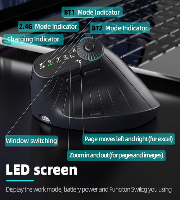 Ergonomic Vertical Mouse - 2.4G/Bluetooth Multi - Mode, LED Display, 57 - Degree Angle, & 400mAh Battery(White) - RnR Galore