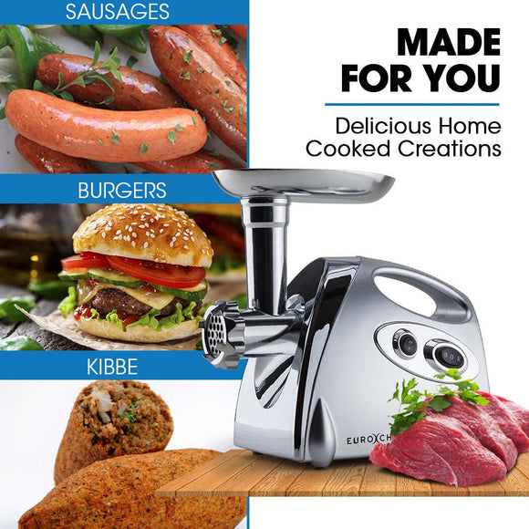 EUROCHEF Electric Meat Grinder, Stainless Steel Mincer Sausage Filler Kibbe Maker, Silver - RnR Galore