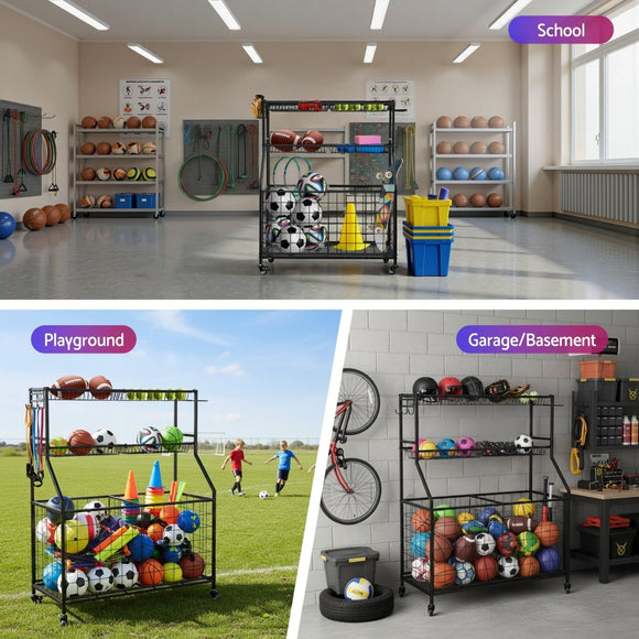 Everfit Sports Equipment Organizer Storage with Wheels Multi - Sport Garage Gym Black - RnR Galore