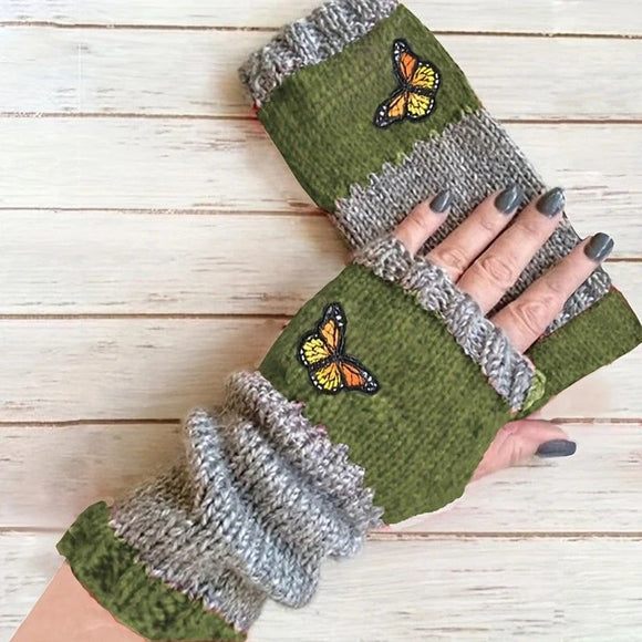 Fashion Color - Block Butterfly Embroidered Knit Gloves, Warm Fit 8.5×22cm, Practical Sweet Stylish Essential for Autumn/Winter Outfits(black) - RnR Galore