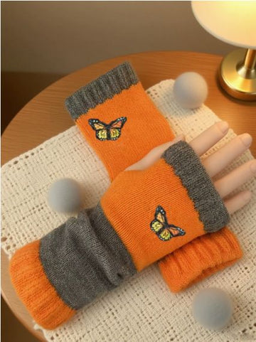 Fashion Color - Block Butterfly Embroidered Knit Gloves, Warm Fit 8.5×22cm, Practical Sweet Stylish Essential for Autumn/Winter Outfits(GREEN) - RnR Galore