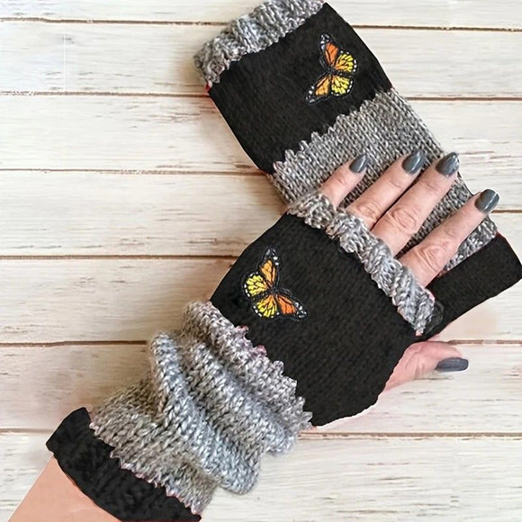 Fashion Color - Block Butterfly Embroidered Knit Gloves, Warm Fit 8.5×22cm, Practical Sweet Stylish Essential for Autumn/Winter Outfits(GREEN) - RnR Galore