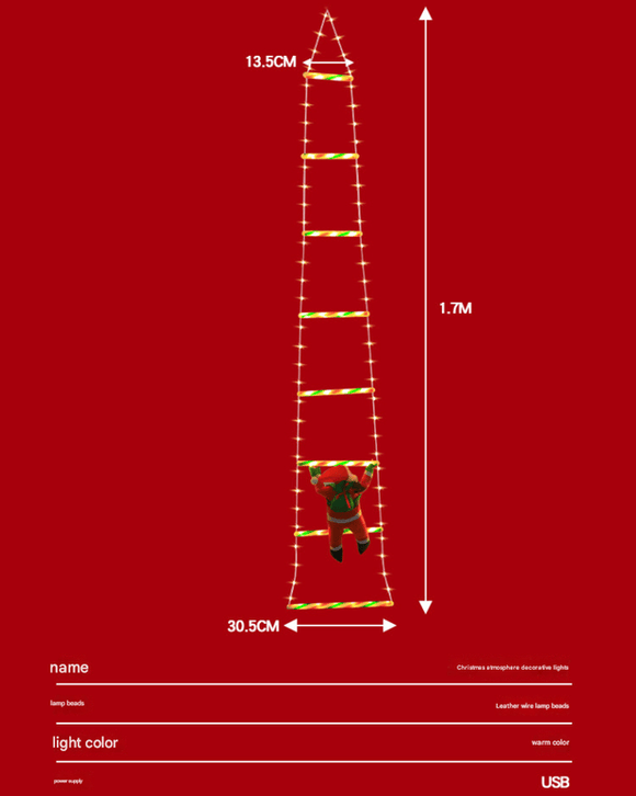 Festive Climbing Santa LED Ladder Light - USB Powered Outdoor Christmas Hanging Decoration with Remote(1.7m) - RnR Galore
