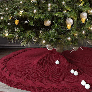 Festive Knit Christmas Tree Skirt - Acrylic Red Tree Mat with Pom - Poms 122cm - RnR Galore