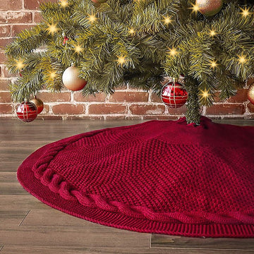 Festive Knit Christmas Tree Skirt - Acrylic Red Tree Mat with Pom - Poms 122cm - RnR Galore