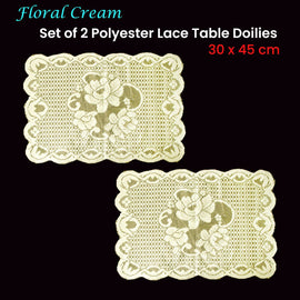 Floral Cream Set of 2 Polyester Lace Table Doilies 30 x 45 cm - RnR Galore