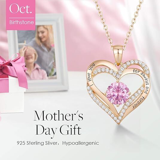 Forever Love Heart Birthstone Necklace: 925 Sterling Silver Personalized Jewelry for Mom, Wife, Friend with 12 Month Stone Options（pink diamond,October） - RnR Galore