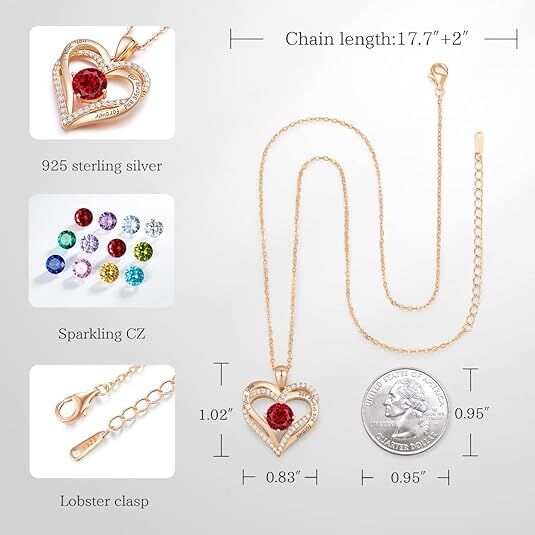 Forever Love Heart Birthstone Necklace: 925 Sterling Silver Personalized Jewelry for Mom, Wife, Friend with 12 Month Stone Options（red diamond,January） - RnR Galore