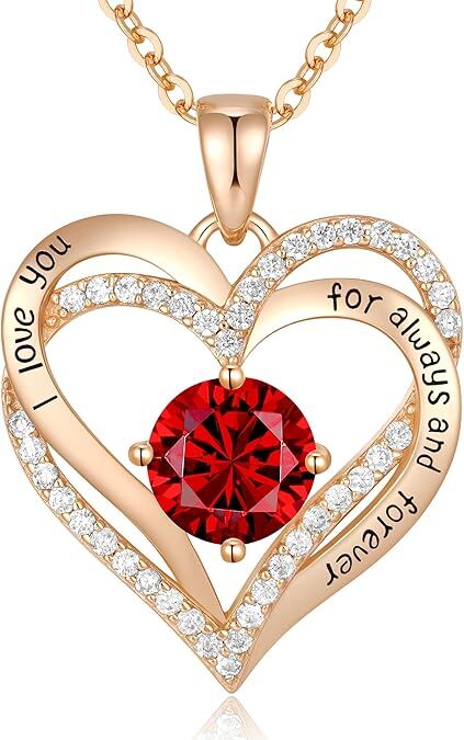 Forever Love Heart Birthstone Necklace: 925 Sterling Silver Personalized Jewelry for Mom, Wife, Friend with 12 Month Stone Options（red diamond,January） - RnR Galore