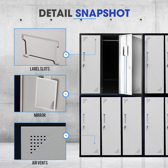 Fortia 6 Door Metal Storage Cabinet Lockers for Gym Office - Black and Grey - RnR Galore
