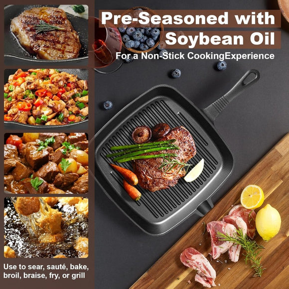 Four - piece set Heavy Duty Cast Iron Skillet & Grill Pan Thickened Vintage Style Cookware for Steak Breakfast & Camping - RnR Galore