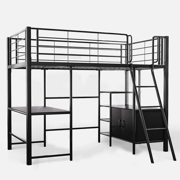Gaming Loft Bed with Desk and Storage Cabinet, Steel Metal Frame, Space Saving Design, for Single Mattress, Matte Dark Grey - RnR Galore