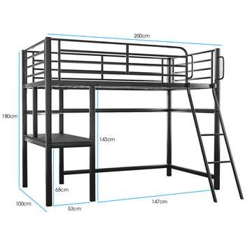 Gaming Loft Bed with Desk, Steel Metal Frame, Space Saving Design, for Single Mattress, Matte Dark Grey - RnR Galore