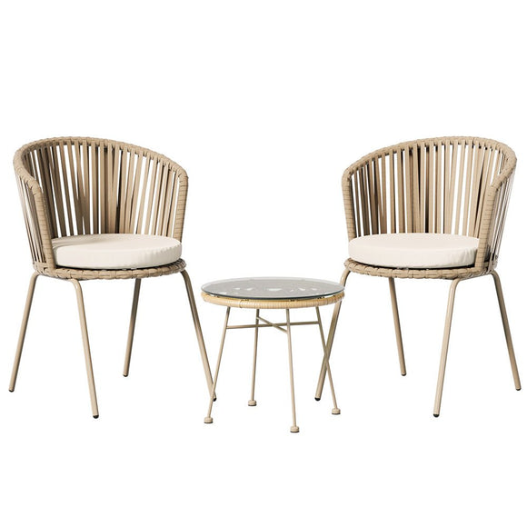 Gardeon 3PC Outdoor Bistro Set Patio Furniture Rope Setting Chairs Table Beige - RnR Galore