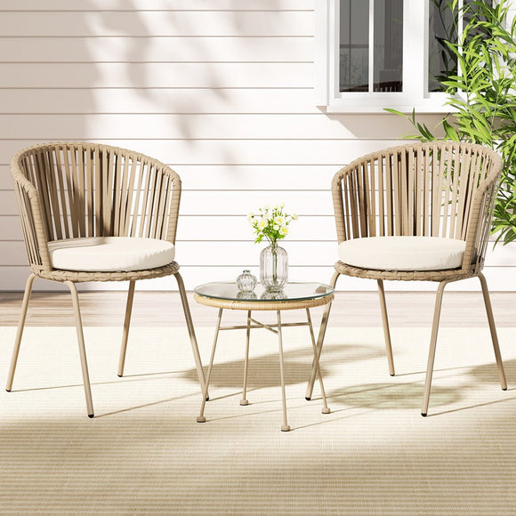 Gardeon 3PC Outdoor Bistro Set Patio Furniture Rope Setting Chairs Table Beige - RnR Galore