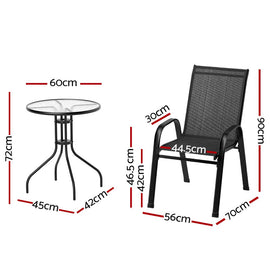 Gardeon 3PC Outdoor Bistro Set Table and Chairs Stackable Patio Furniture Black - RnR Galore