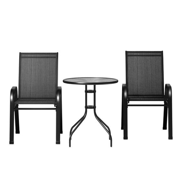 Gardeon 3PC Outdoor Bistro Set Table and Chairs Stackable Patio Furniture Black - RnR Galore