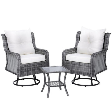 Gardeon 3PC Outdoor Furniture Bistro Set Lounge Wicker Swivel Chairs Table Cushion Grey - RnR Galore