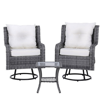 Gardeon 3PC Outdoor Furniture Bistro Set Lounge Wicker Swivel Chairs Table Cushion Grey - RnR Galore