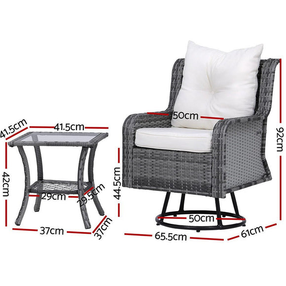 Gardeon 3PC Outdoor Furniture Bistro Set Lounge Wicker Swivel Chairs Table Cushion Grey - RnR Galore