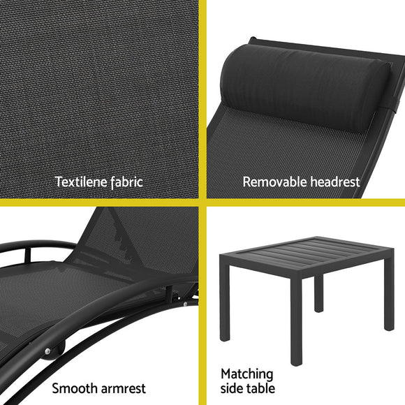 Gardeon 3PC Sun Lounge Outdoor Lounger Steel Table Chairs Patio Furniture Garden - RnR Galore
