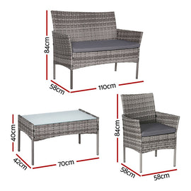 Gardeon 4 Seater Outdoor Sofa Set Wicker Setting Table Chair Furniture Grey - RnR Galore