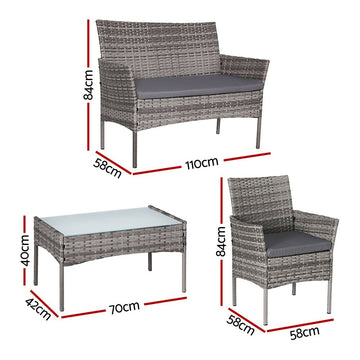 Gardeon 4 Seater Outdoor Sofa Set Wicker Setting Table Chair Furniture Grey - RnR Galore