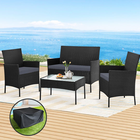 Gardeon 4 Seater Outdoor Sofa Set with Storage Cover Wicker Table Chair Black - RnR Galore